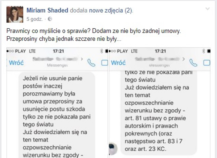 Wyzwał, teraz szantażuje? Miriam publikuje wiadomość od płocczanina…