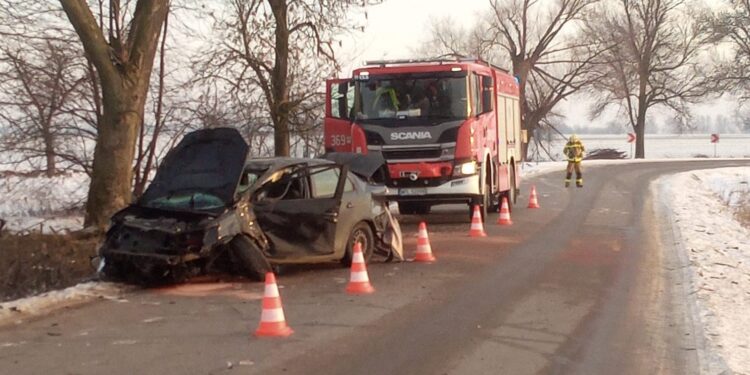 Wypadł z drogi i uderzył w drzewo. Uważajcie, jest ślisko!