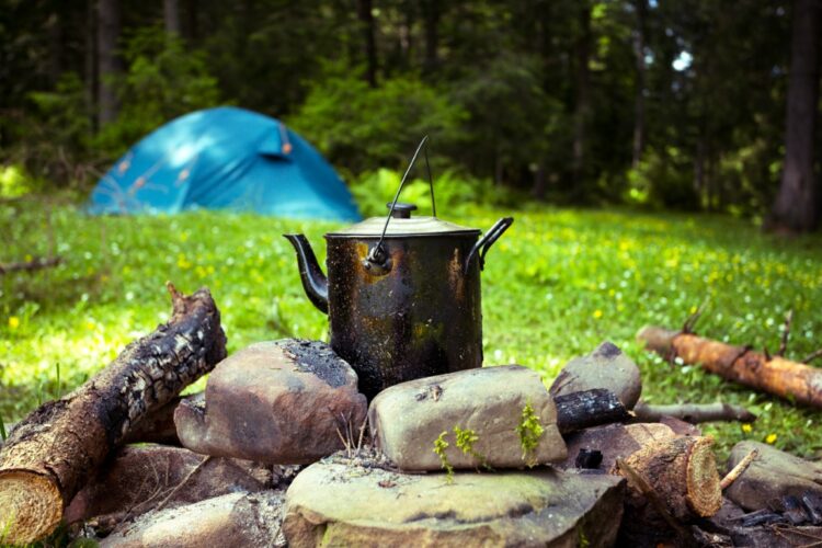 A cauldron at the stake and a tent in the background